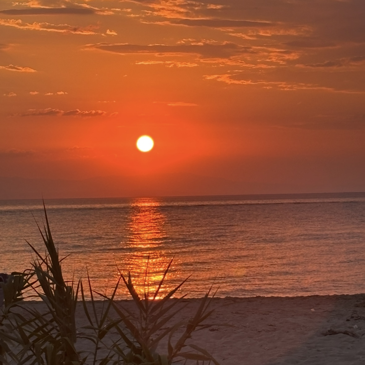 Sunset over the sea at Sahara beach, orange sky reflected on calm water